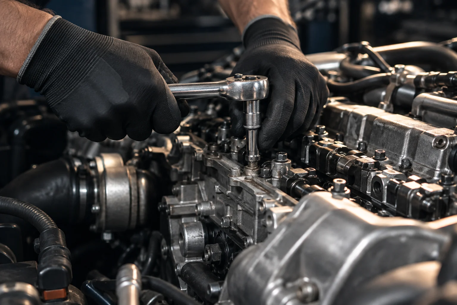 Motor aksamında çalışan eldivenli eller ve mekanik detaylar